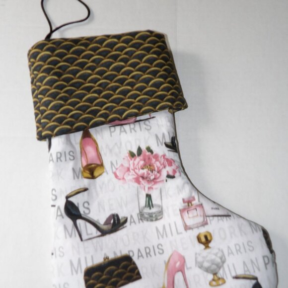 High Heels Pocket books Flowers Paris 14" Hand Crafted Christmas Stocking - Picture 7 of 9